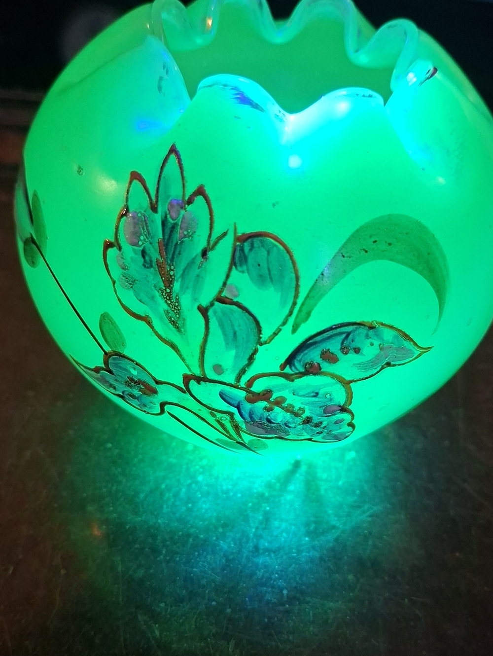 Antique Hand Enamelled URANIUM Rose Bowl